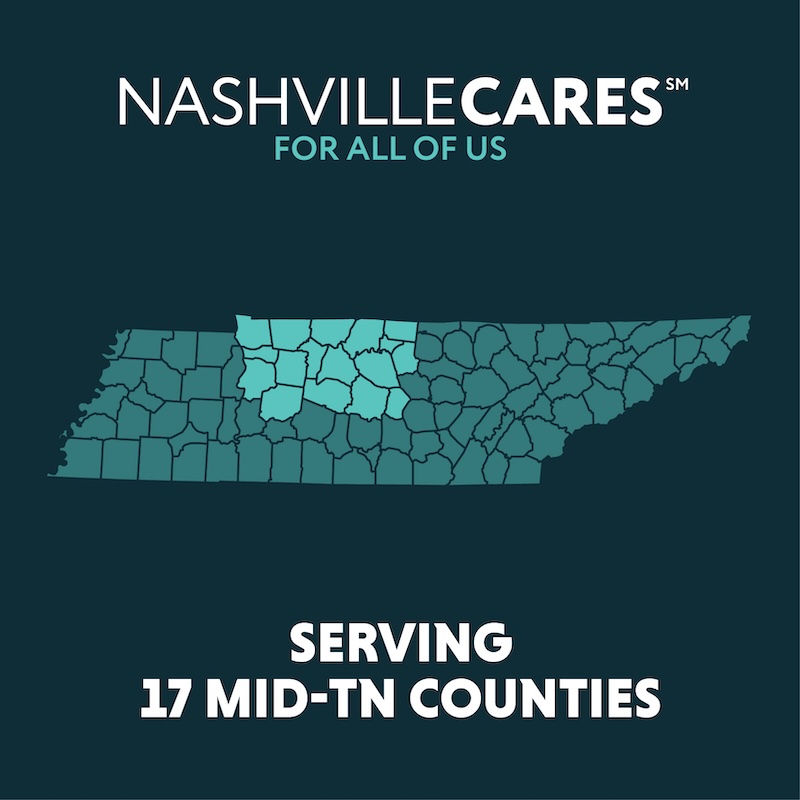 Tennessee map of counties that highlight the ones served by Nashville Cares.